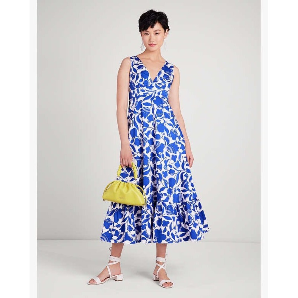 Kate Spade New York Zigzag Blue White Floral V-Neck Midi Dress Pockets Sz 14 NEW